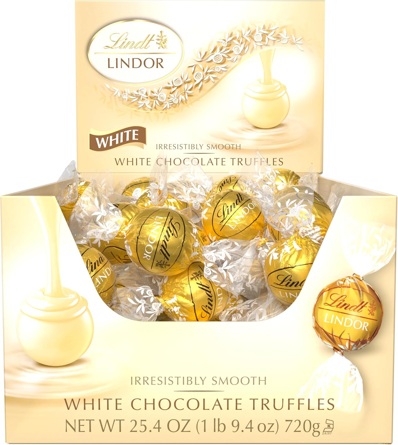 Lindt LINDOR White Chocolate Candy Truffles. White Chocolate Candy with Smooth. Melting Truffle Center. 25.4 oz.. 60 Count