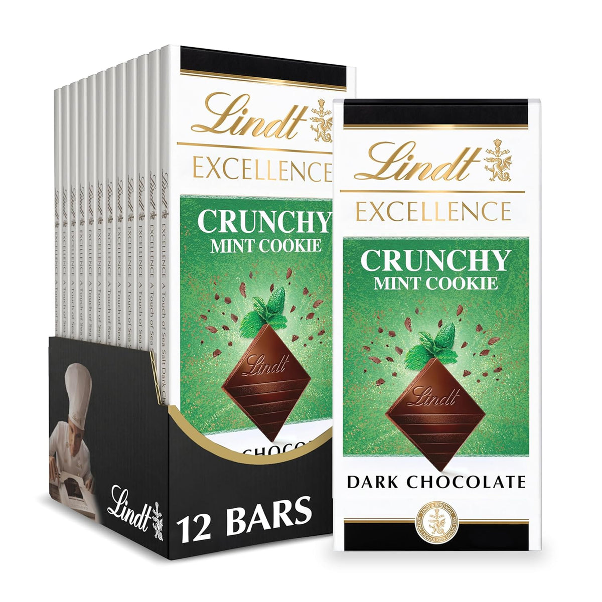 Lindt EXCELLENCE Crunchy Mint Cookie Dark Chocolate Candy Bar. 3.5 oz.. 12 Pack
