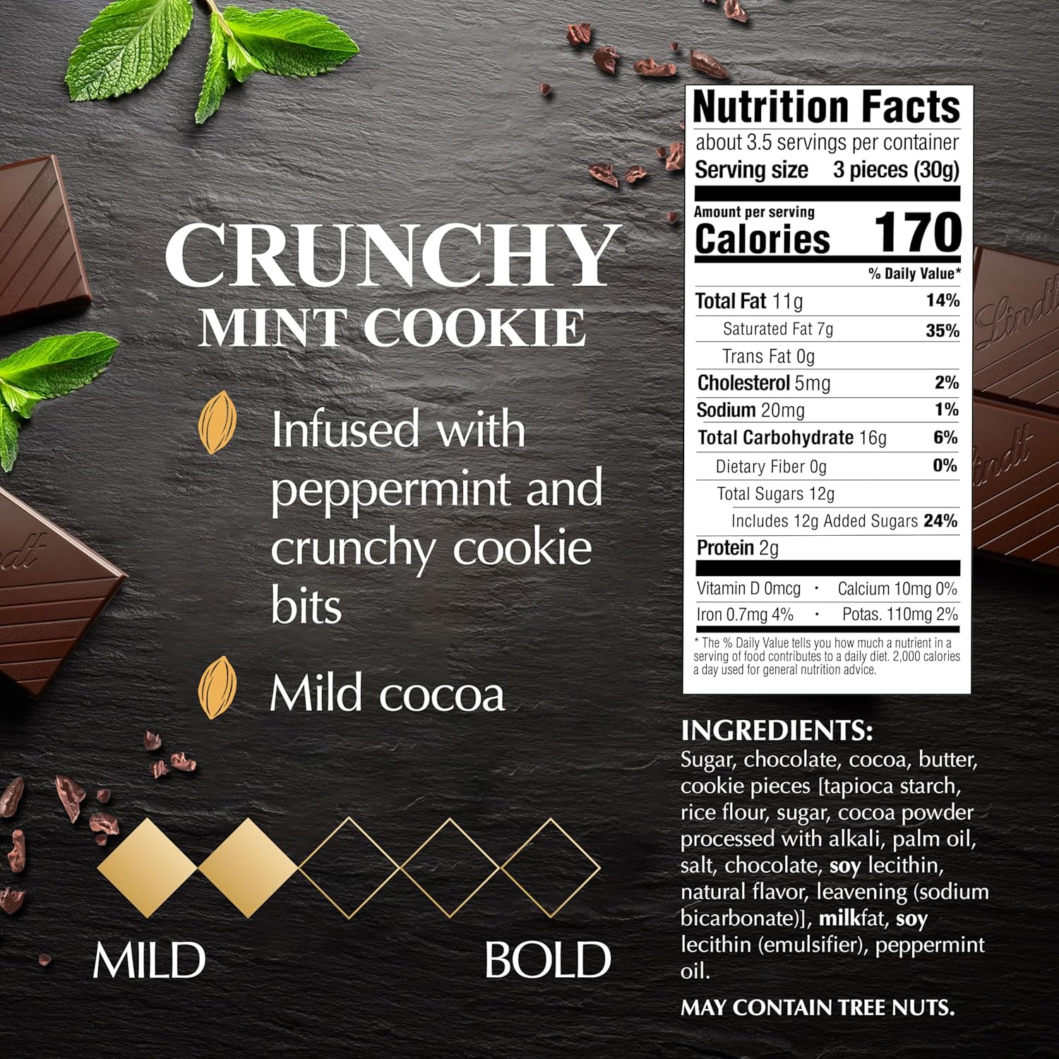 Lindt EXCELLENCE Crunchy Mint Cookie Dark Chocolate Candy Bar. 3.5 oz.. 12 Pack