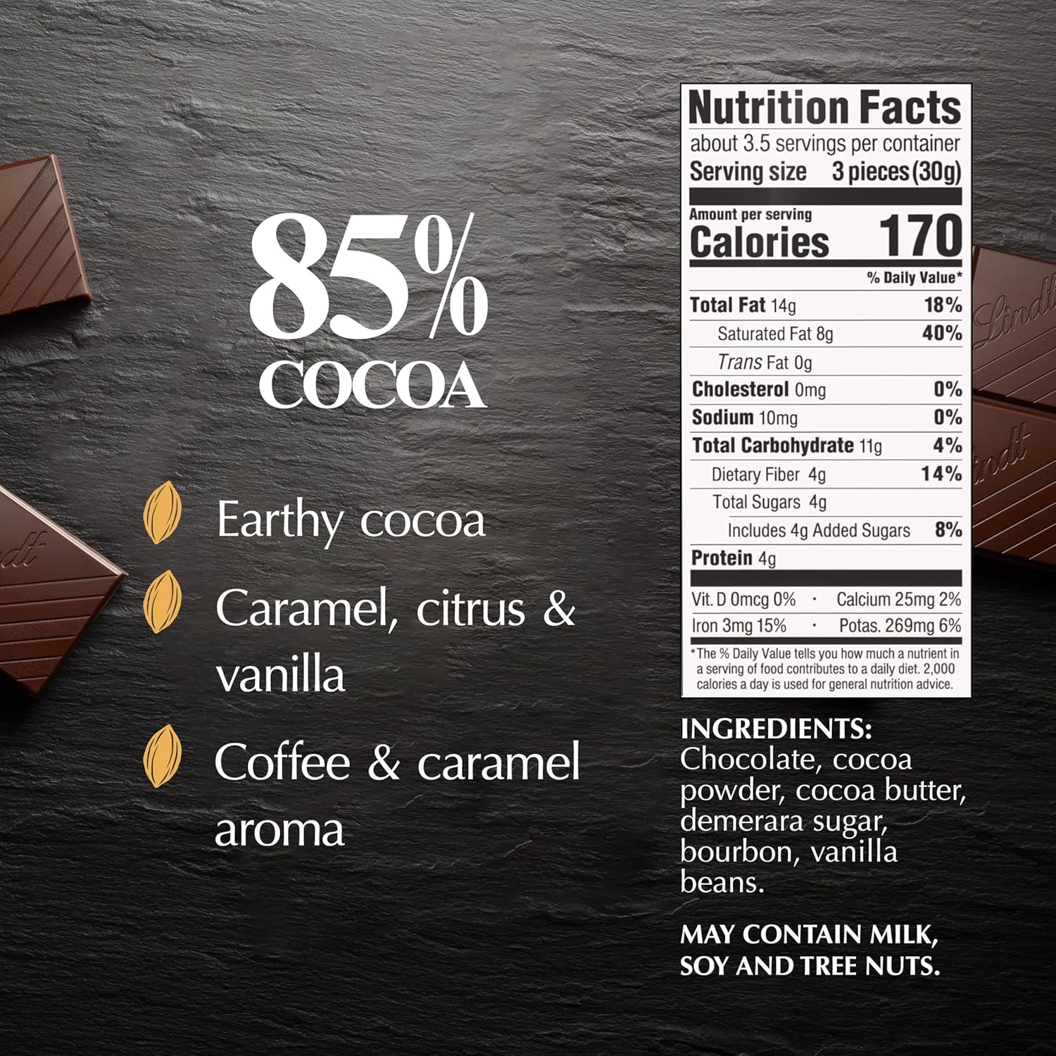 Lindt EXCELLENCE 85% Cocoa Dark Chocolate Candy Bar. Dark Chocolate Candy. 3.5 oz. Bar (Pack of 12)