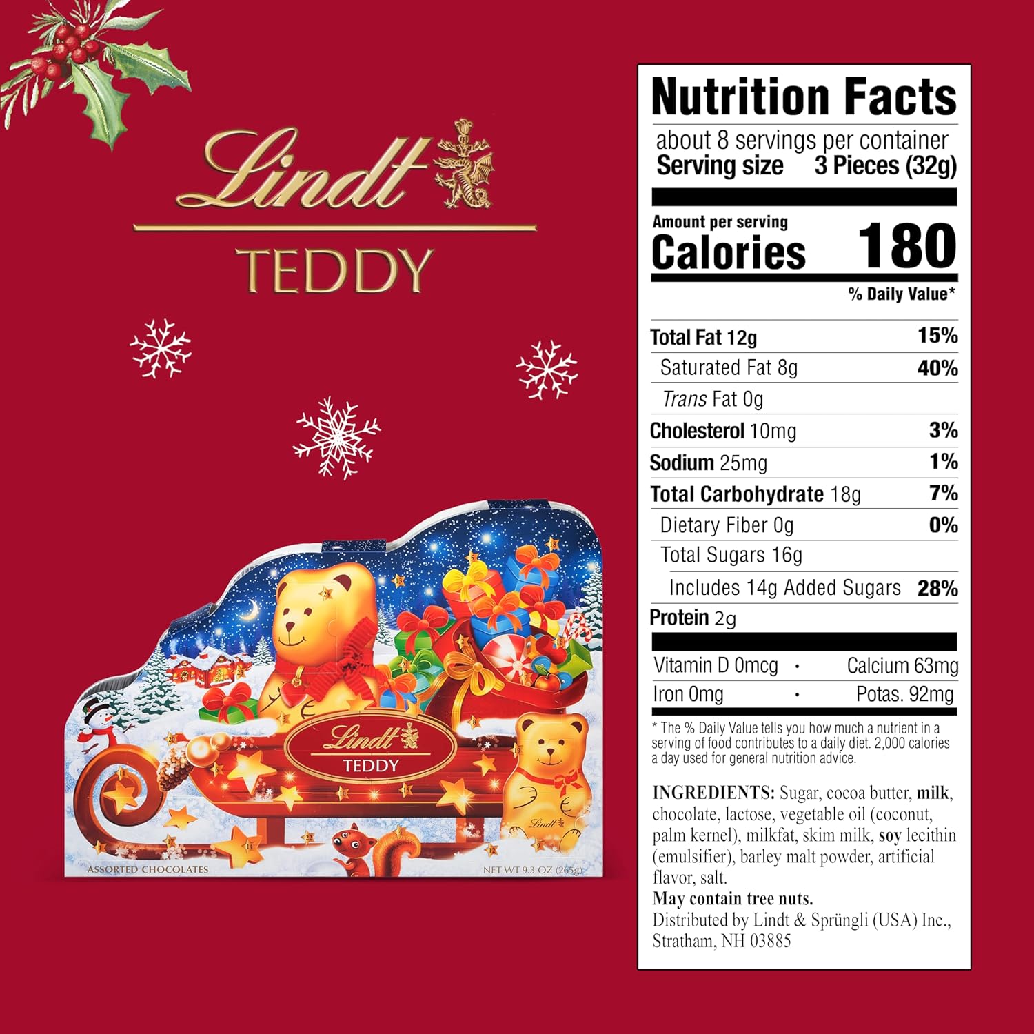 Lindt TEDDY Sleigh Assorted Chocolate Advent Calendar. Box of Assorted Chocolates. 9.3 oz. Box