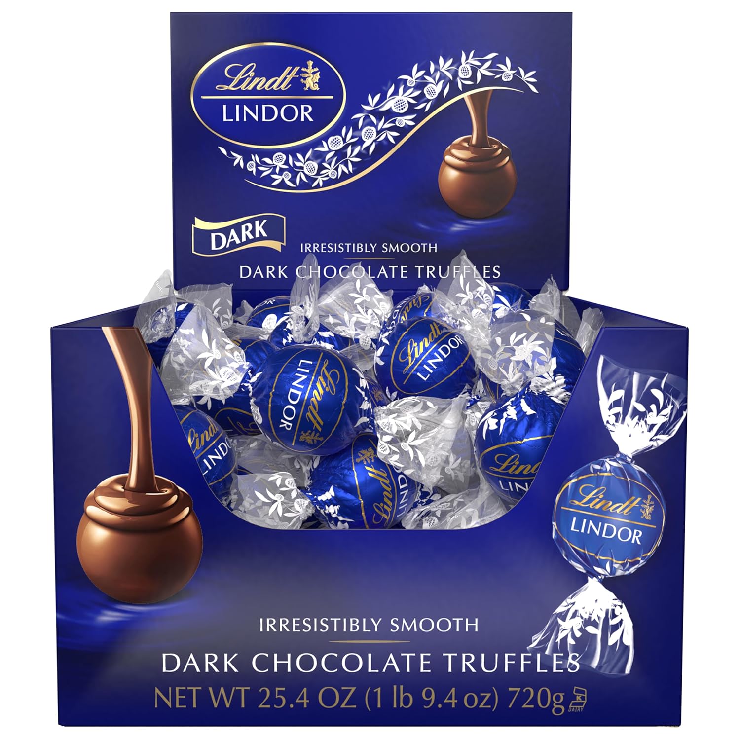 Lindt LINDOR Dark Chocolate Candy Truffles. Dark Chocolate with Smooth. Melting Truffle Center. 25.4 oz.. 60 Count Box