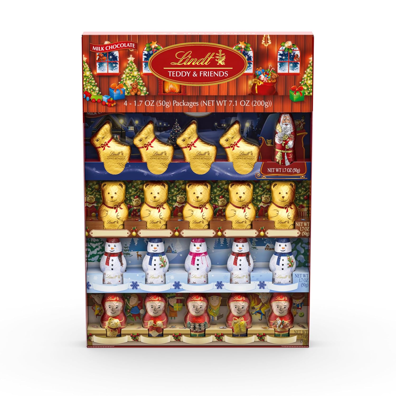Lindt TEDDY & FRIENDS Holiday Milk Chocolate Candy. 7.1 oz. 4-pack