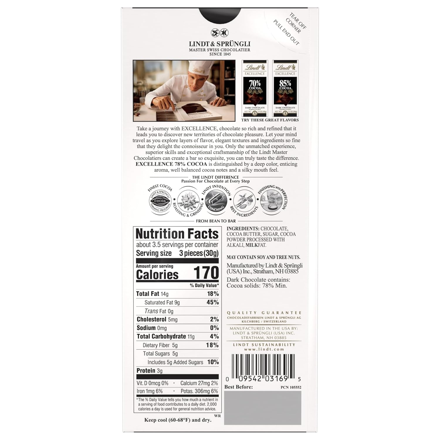 Lindt EXCELLENCE 78% Cocoa Dark Chocolate Bar. Dark Chocolate Candy. 3.5 oz. (12 Pack)