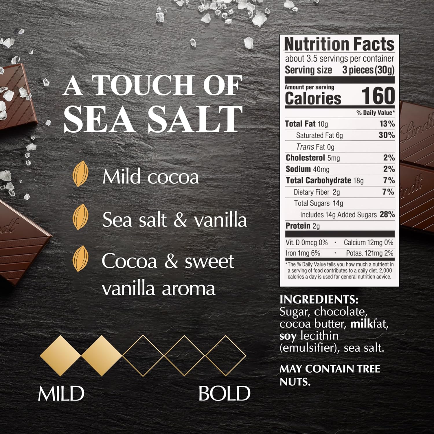 Lindt EXCELLENCE Sea Salt Dark Chocolate Bar. Dark Chocolate Candy with a Touch of Sea Salt. 3.5 oz. Bar (12 Pack)