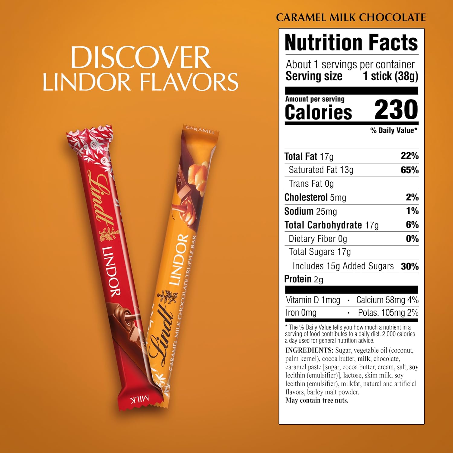 Lindt LINDOR Caramel Milk Chocolate Truffle Bar. Milk Chocolate Candy with Smooth. Melting Truffle Center. 1.3 oz. (24 Pack)