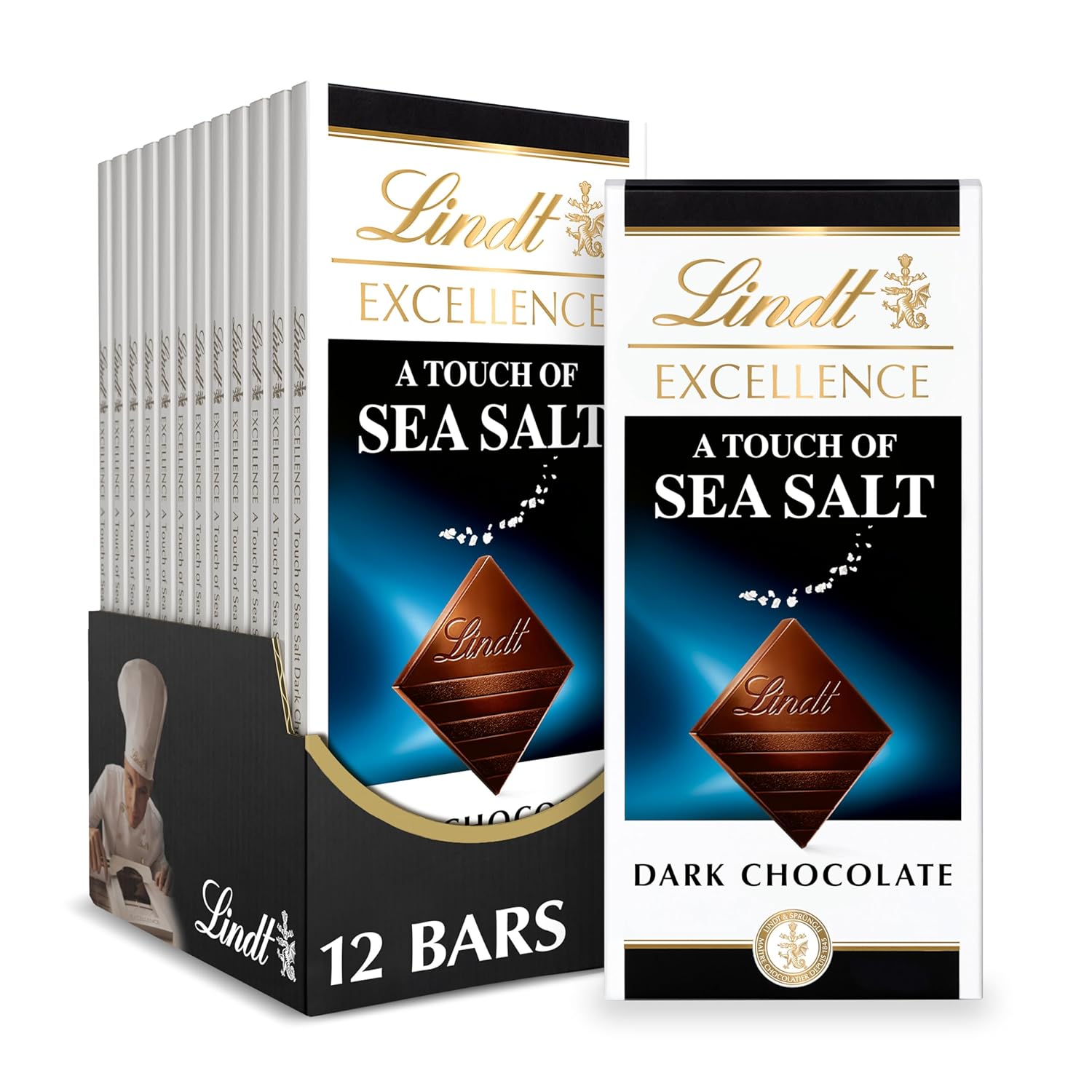 Lindt EXCELLENCE Sea Salt Dark Chocolate Bar. Dark Chocolate Candy with a Touch of Sea Salt. 3.5 oz. Bar (12 Pack)