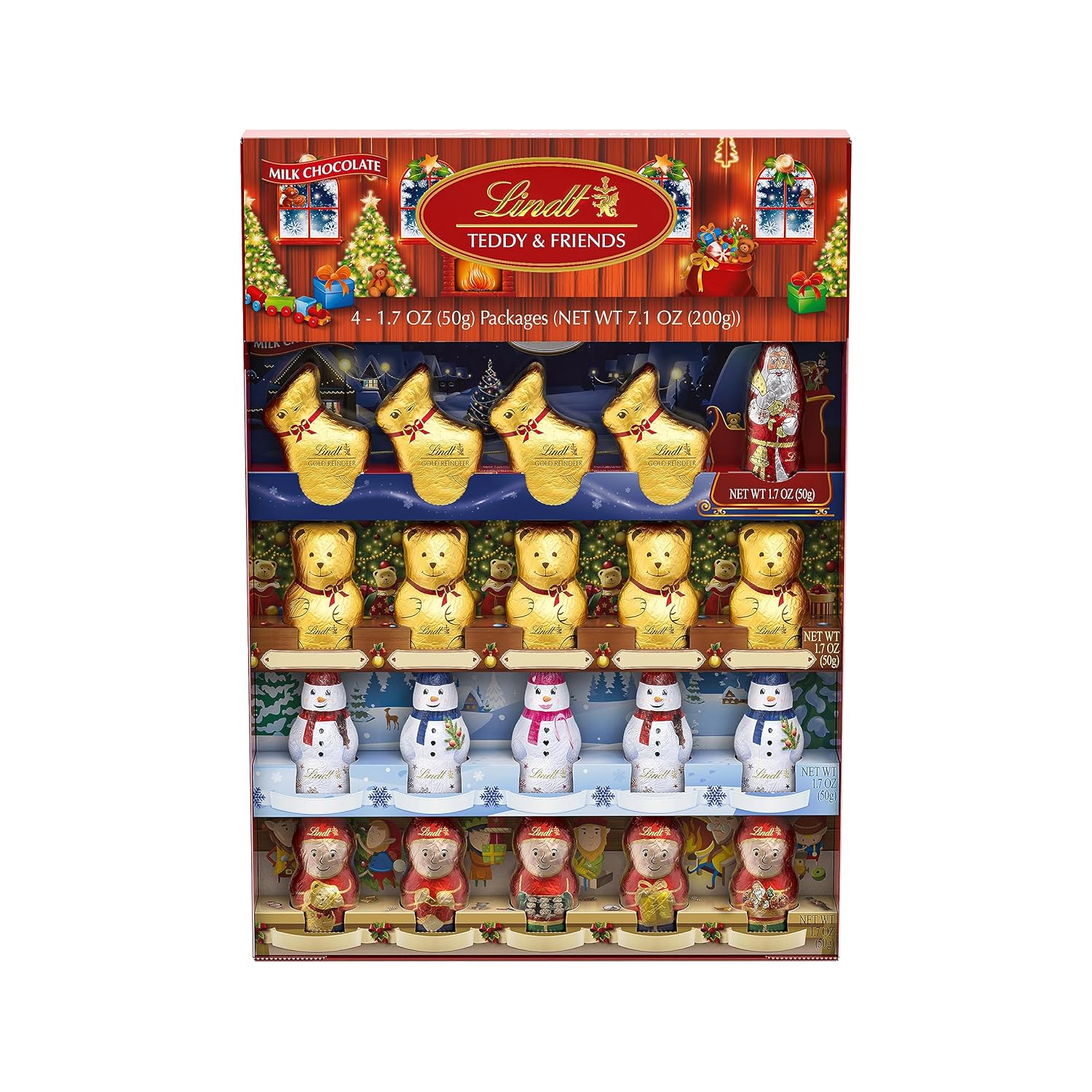Lindt TEDDY & FRIENDS Holiday Milk Chocolate Candy. 7.1 oz. 4-pack
