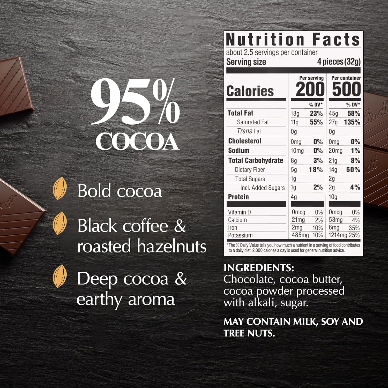 Lindt EXCELLENCE 95% Cocoa Dark Chocolate Bar. Dark Chocolate Candy. 2.8 oz. (12 Pack)