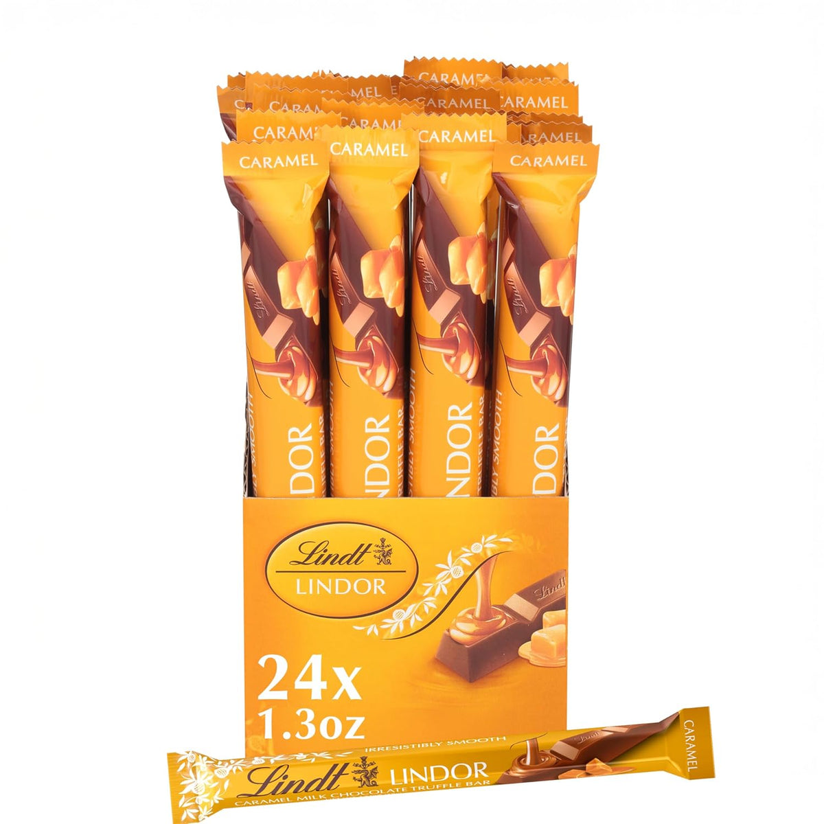Lindt LINDOR Caramel Milk Chocolate Truffle Bar. Milk Chocolate Candy with Smooth. Melting Truffle Center. 1.3 oz. (24 Pack)