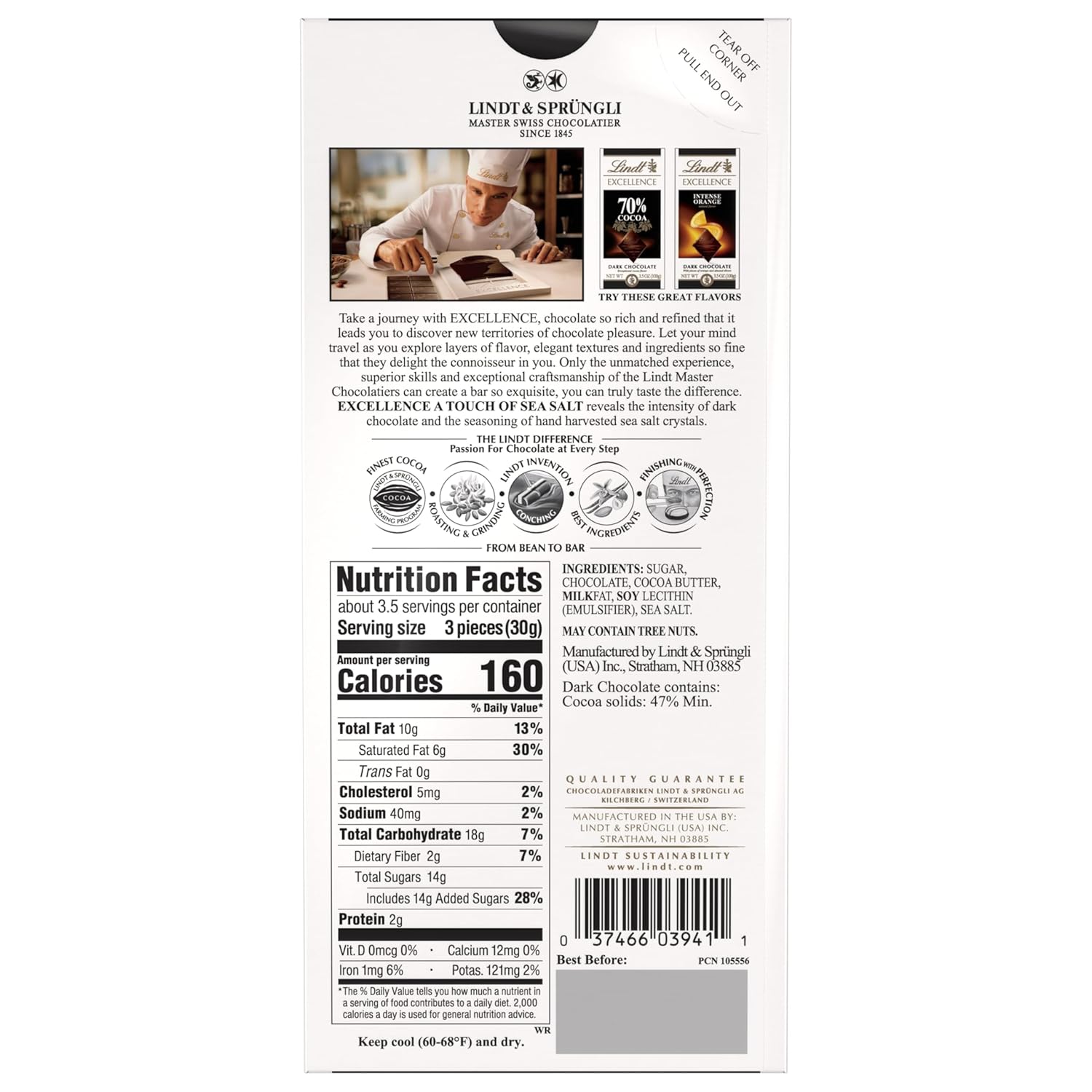 Lindt EXCELLENCE Sea Salt Dark Chocolate Bar. Dark Chocolate Candy with a Touch of Sea Salt. 3.5 oz. Bar (12 Pack)